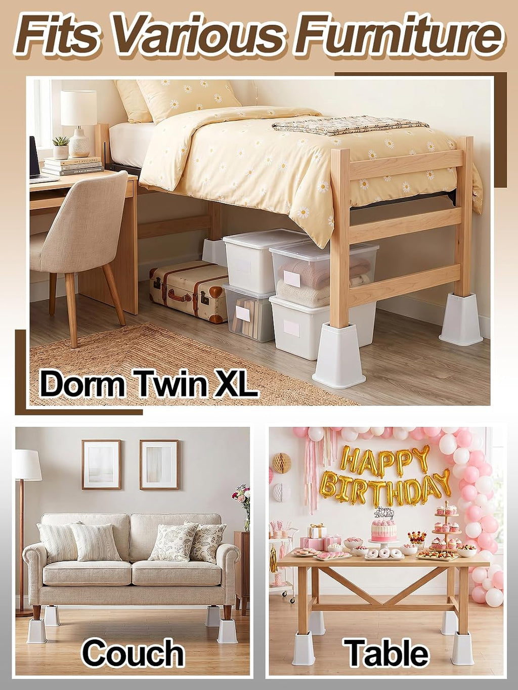 Bigmeta 8" Stable Bed Risers for Dorm Twin XL - White, 4 Pcs