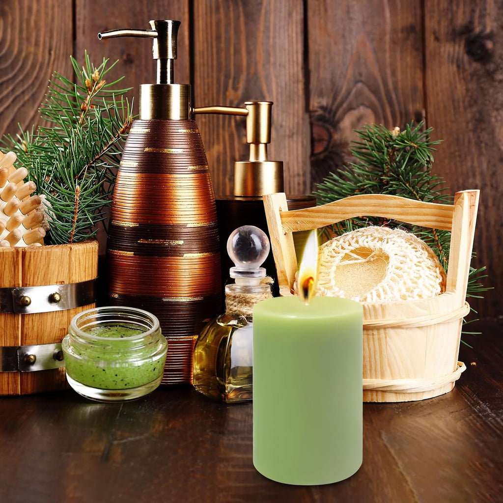 6 Pack 2x3 inch Pillar Candles, Sage Green Unscented Votive Candle for Celebration Home Decoration, Dripless and Long Burning Time