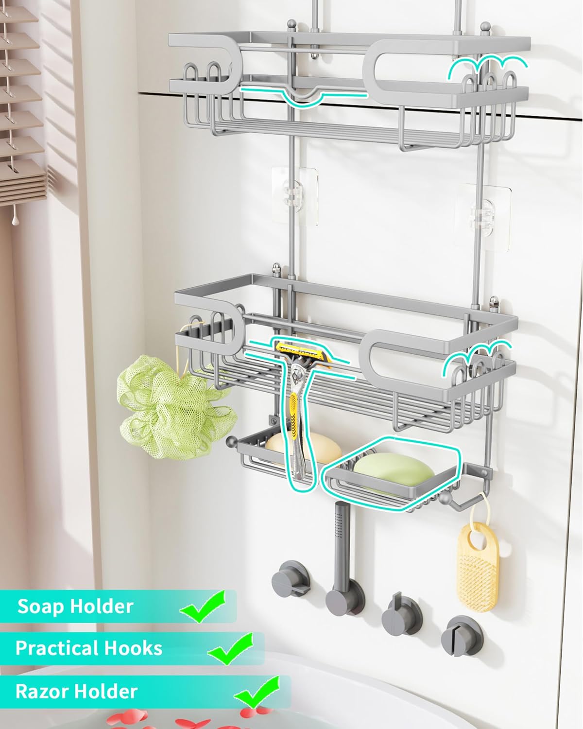 HapiRm Bathroom Hanging Shower Caddy - Rustproof Shower Shelf with 12 Hooks and 2 Soap Holders, No Drilling Bathroom Organizers and Storage - Silver