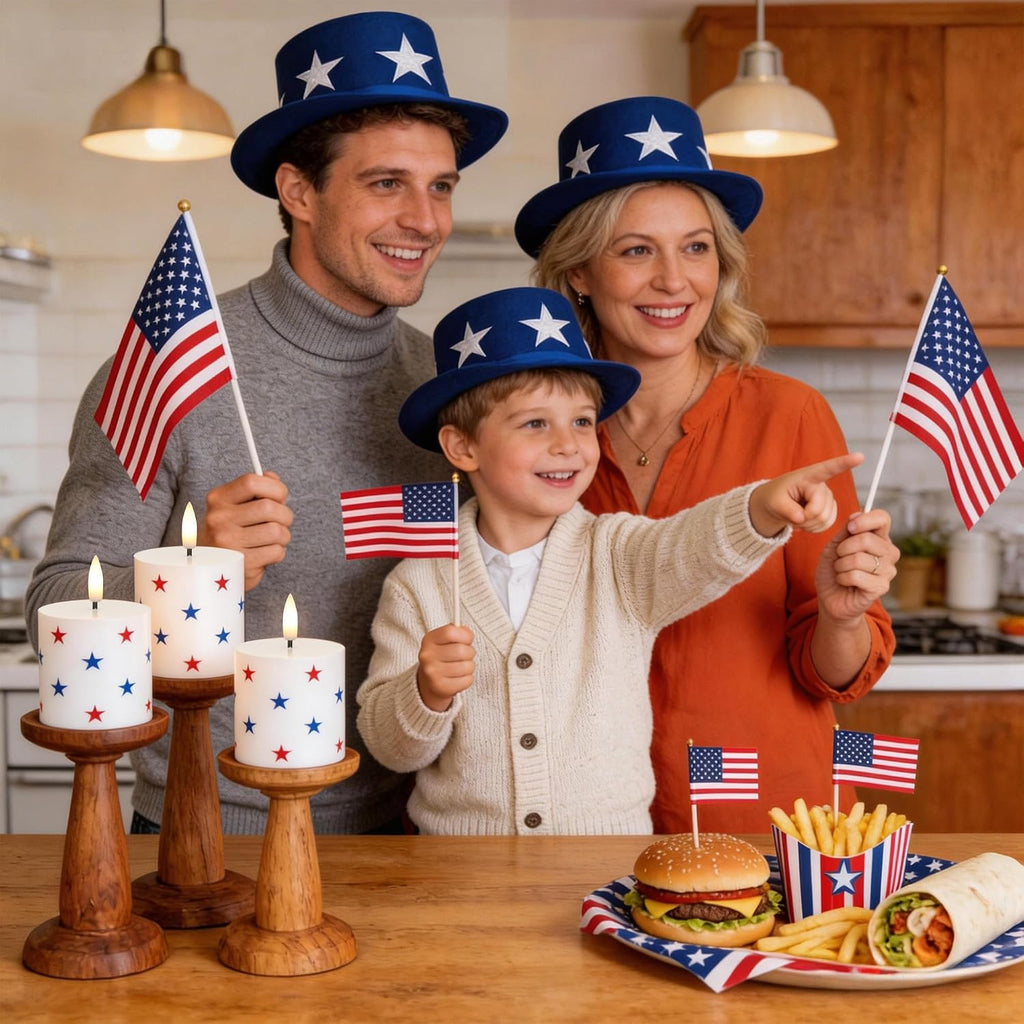 4th of July Flameless Pillar Candles with Red White and Blue Star Stickers, 250th Anniversary Patriotic Battery Operated LED Pillar Candles with Remote and Timer, Real Wax Candle Set of 3