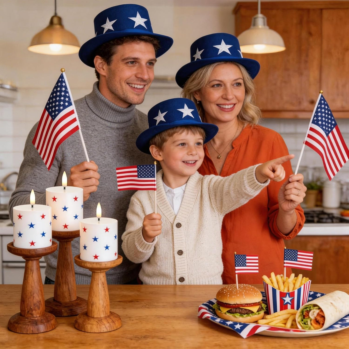 4th of July Flameless Pillar Candles with Red White and Blue Star Stickers, 250th Anniversary Patriotic Battery Operated LED Pillar Candles with Remote and Timer, Real Wax Candle Set of 3