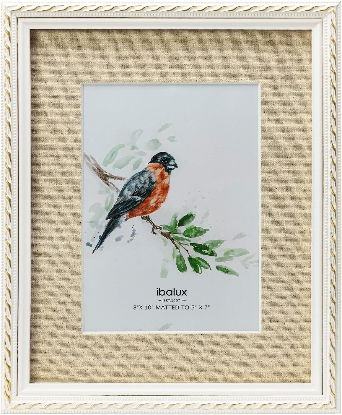 8x10 Picture Frame Pine Wood with Real Glass, Gold-Toned Synthetic Rope Edging, Linen Matted to 5x7, Vertical and Horizontal for Tabletop or Wall Hanging, White
