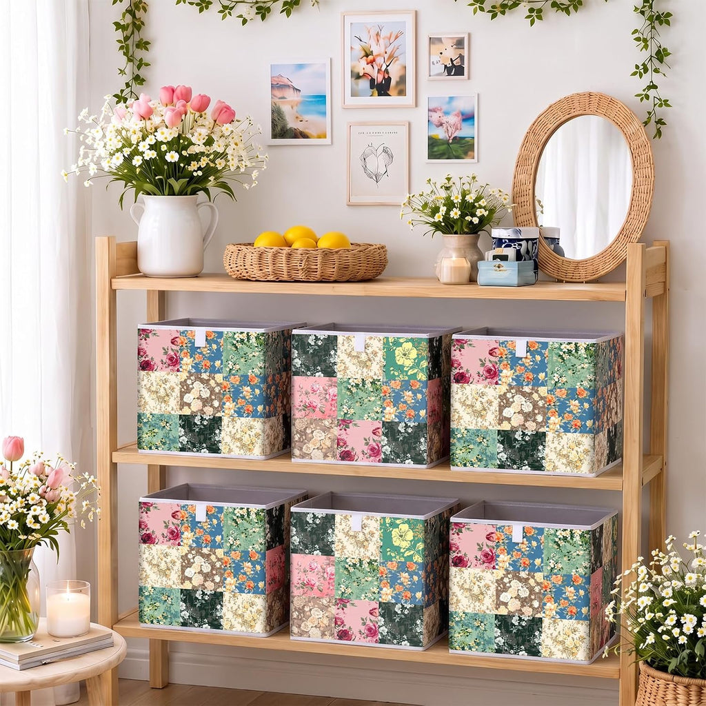 Yookeer 6 Pcs Green Floral Cube Storage Bin 11" Foldable Basket with Handle