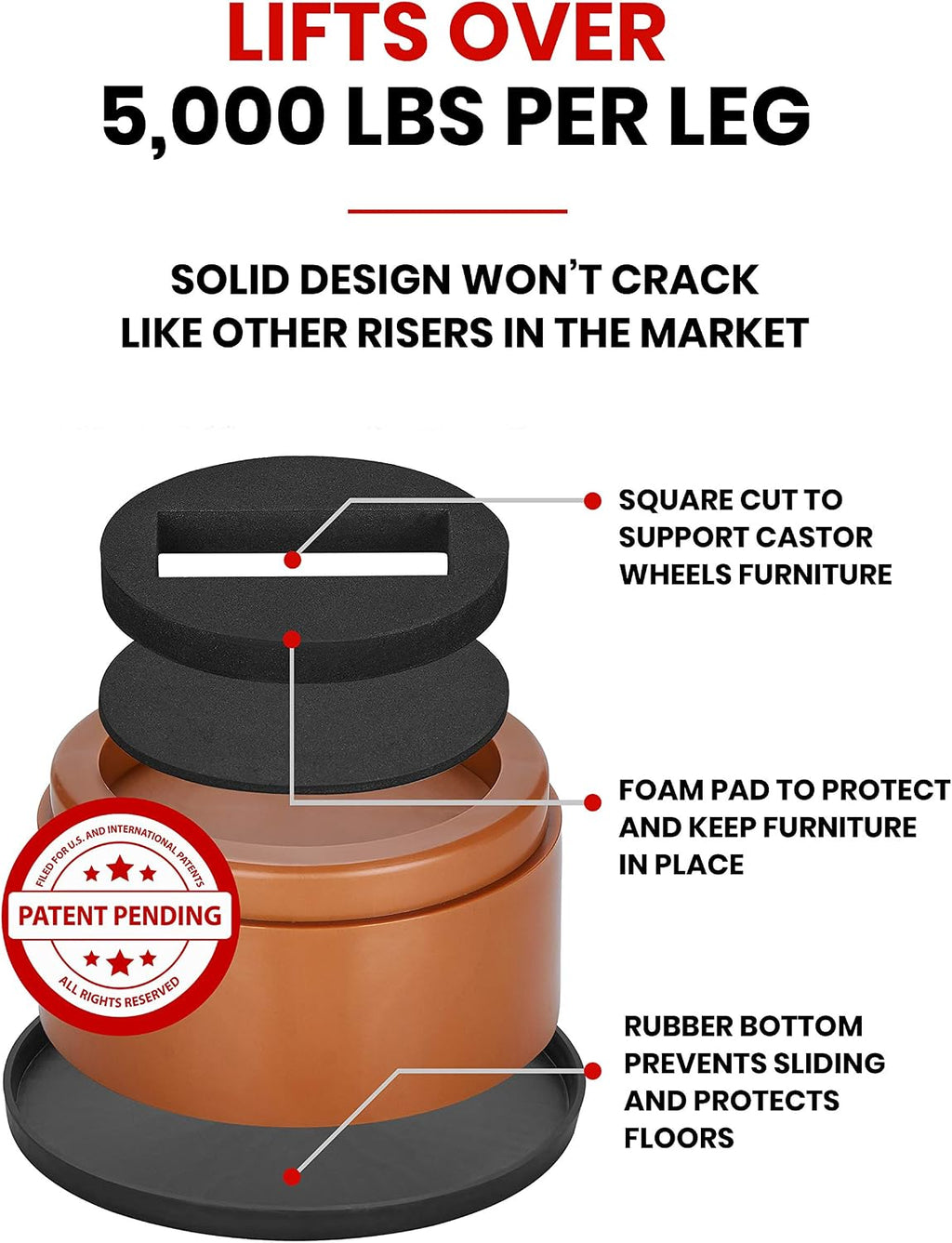 iPrimio Bed Risers 2" Lift, Heavy Duty, Round Caster Cup, Brown, 8 Pack