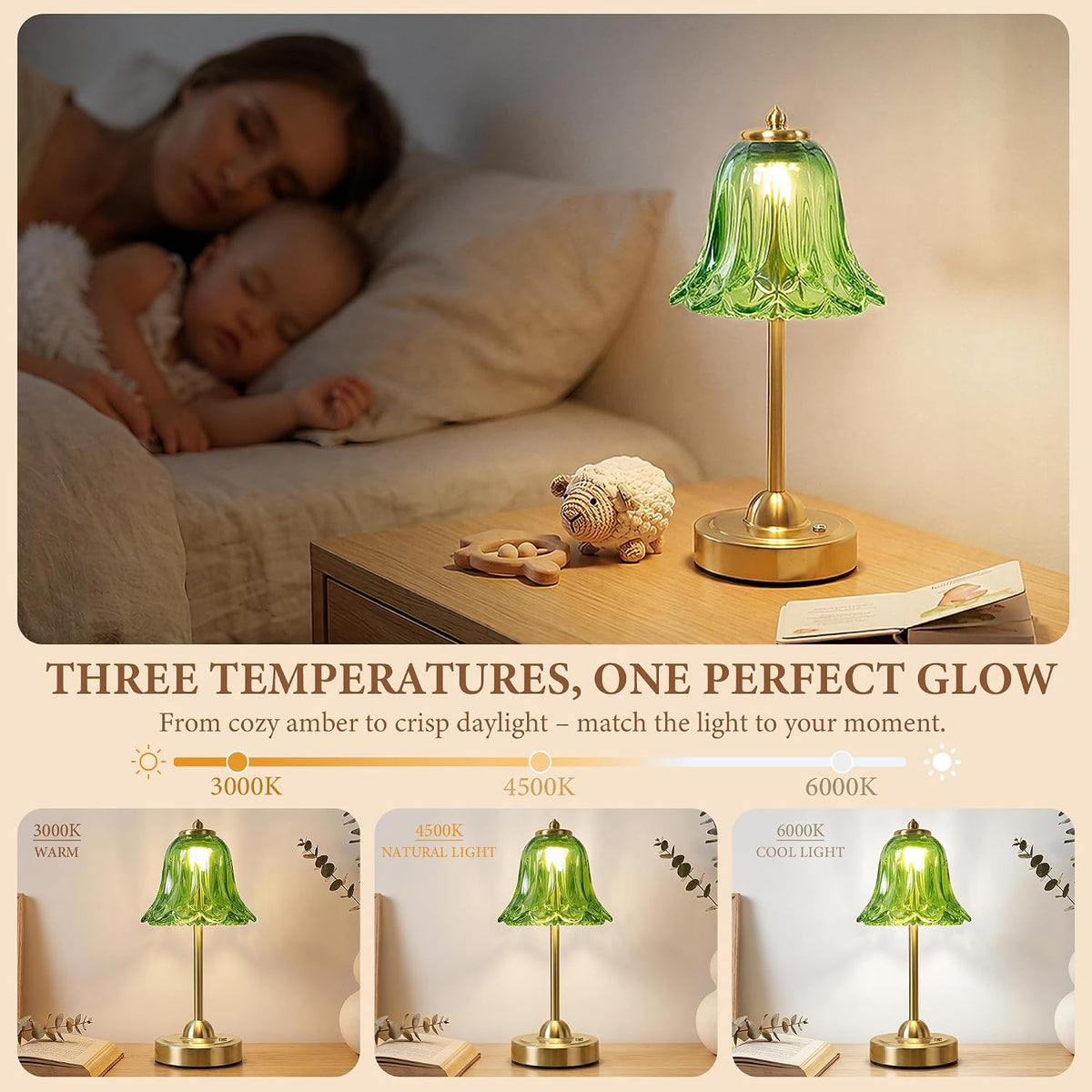 Cordless Table Lamp, Rechargeable Battery Operated Flower Touch Lamp, Green