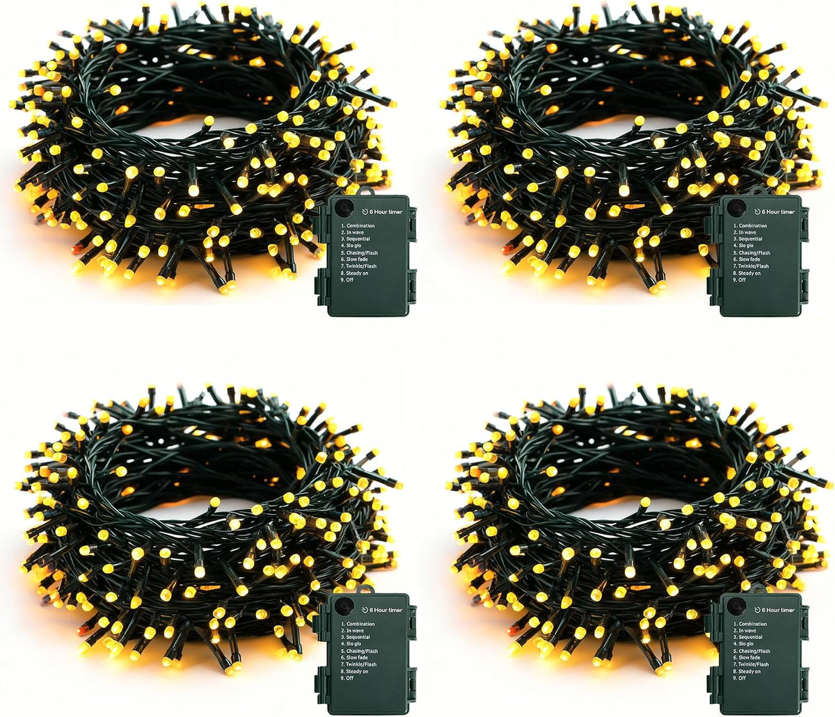 Dazzle Bright 4 Pack Battery Operated Outdoor String Lights, 50 LED 16 FT Warm White Christmas Lights Green Wire with 8 Modes Timer, Outdoor Battery Xmas Wreath Light for Christmas Holiday Decoration