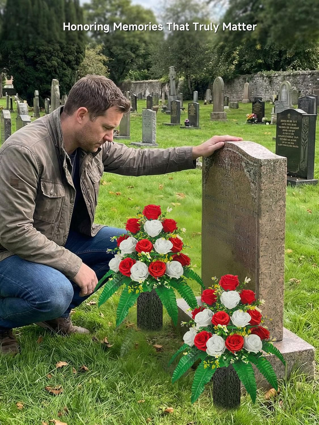 Mirevielyn 18-Stem Artificial Rose Cemetery Flowers with Spiked Vases