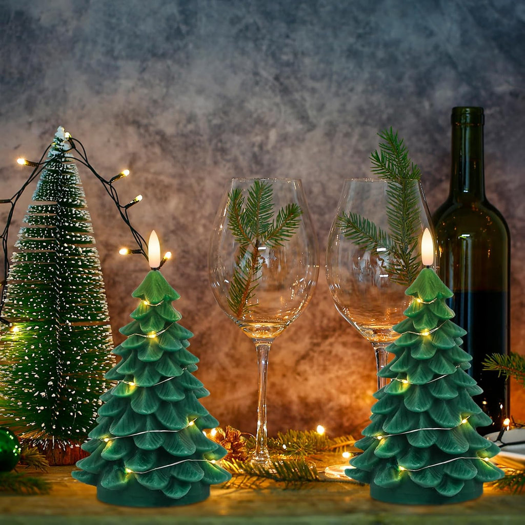 Christmas Tree Candles with String Light & Remote Timer Green
