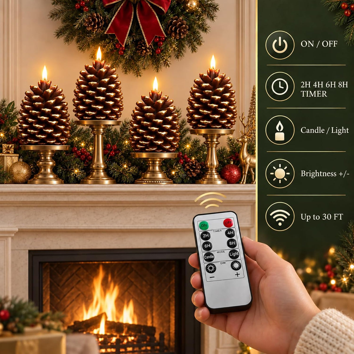 Pinecone Flameless Candles with Remote, Fall Thanksgiving Christmas Decor
