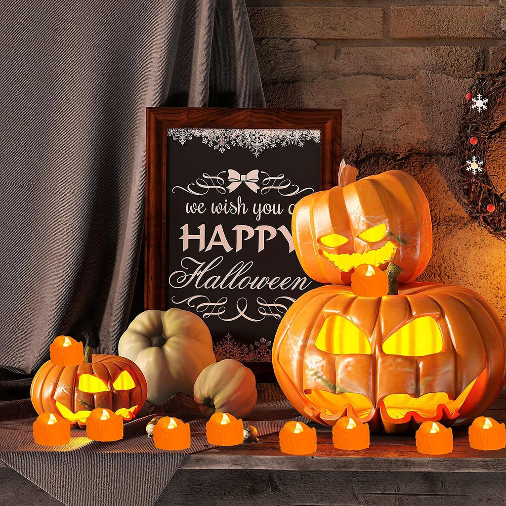 Halloween 12 Pack Orange Tea Lights, Small Dripping Candles, Battery Operated LED Tealights, Mini Pumpkins Lights with Warm White Bulb, Flameless, Electric Fake Tea Candles Realistic for Halloween