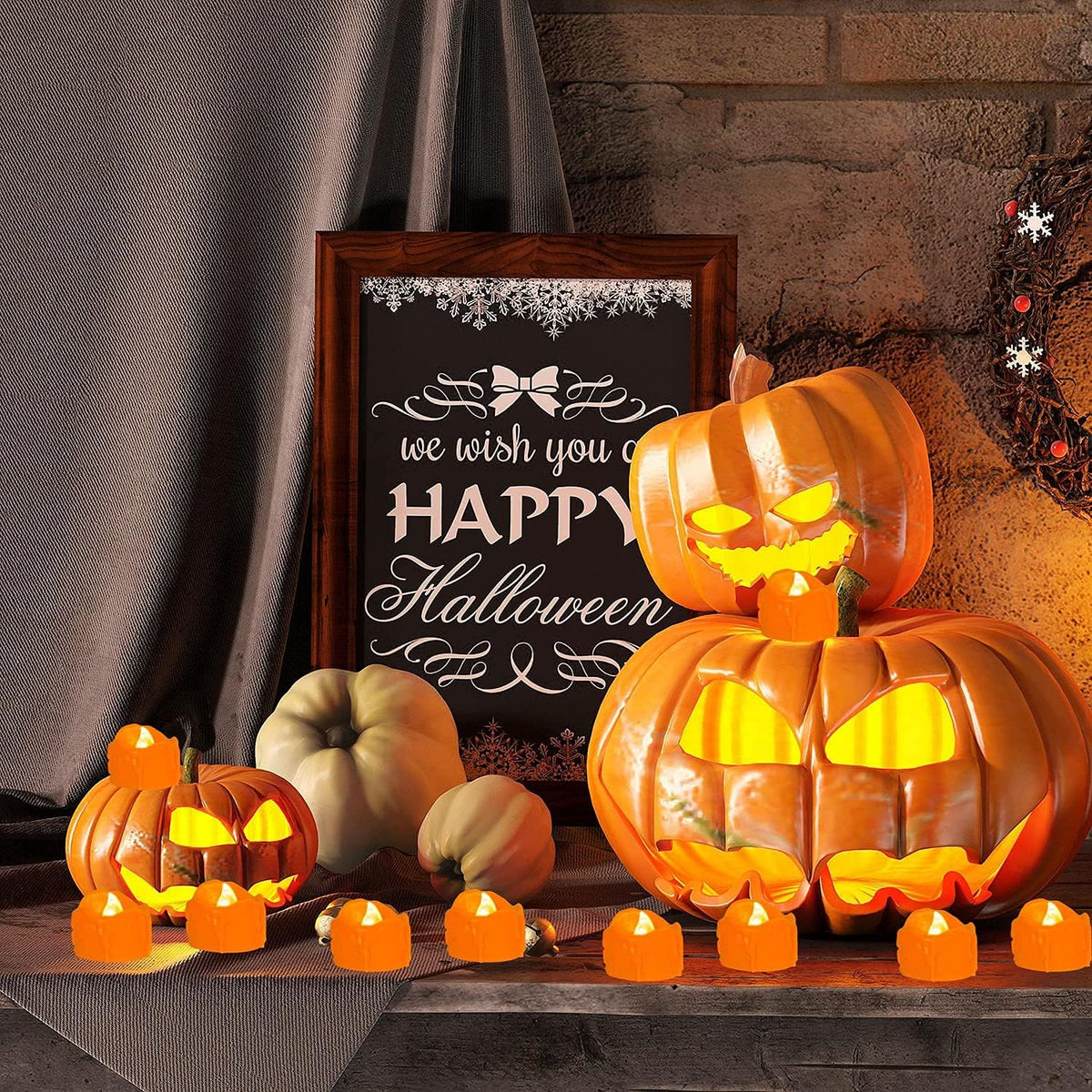 Halloween 12 Pack Orange Tea Lights, Small Dripping Candles, Battery Operated LED Tealights, Mini Pumpkins Lights with Warm White Bulb, Flameless, Electric Fake Tea Candles Realistic for Halloween