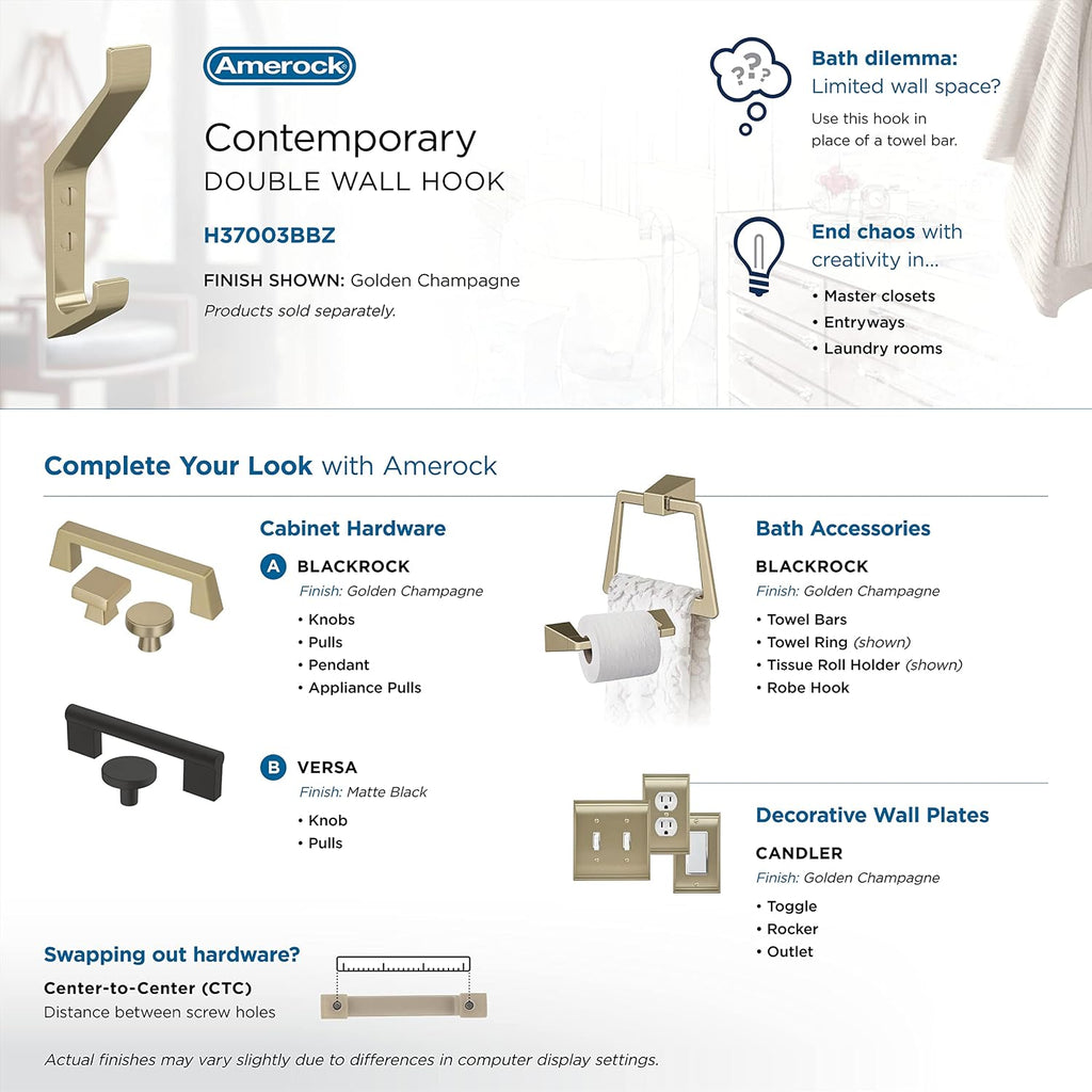Amerock Emerge Double Prong Golden Champagne Wall-Mounted Hook