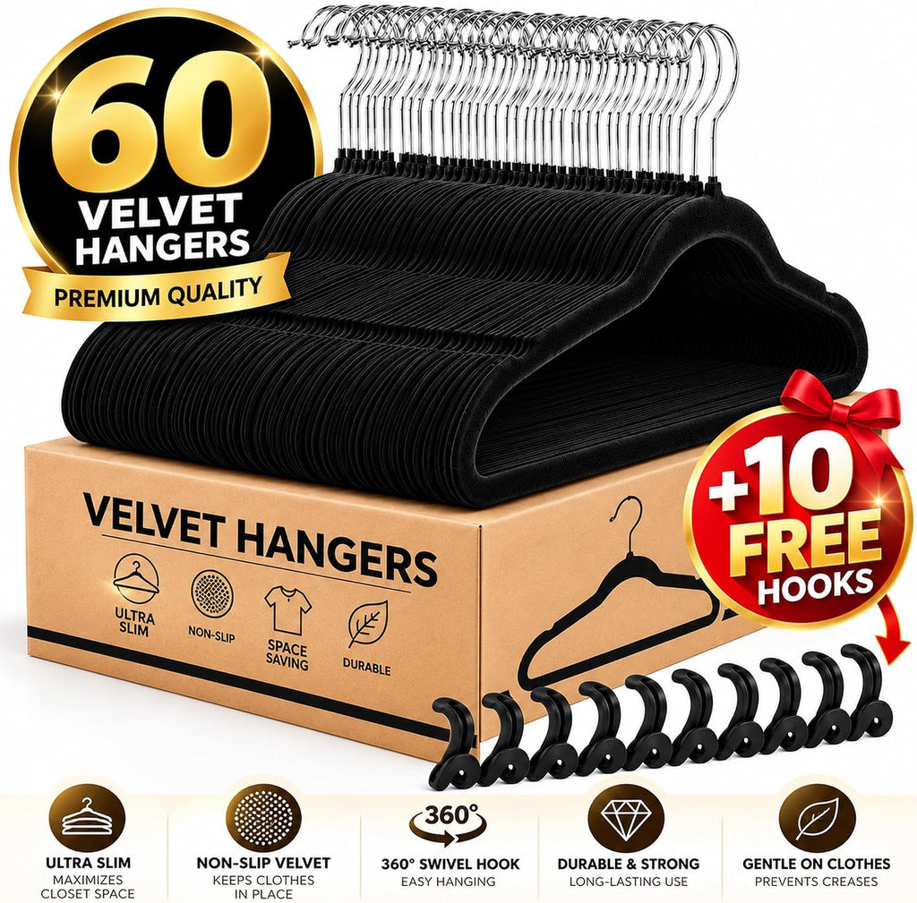 Velvet Hangers 60 Pack with 10 Hooks - Black Non-Slip Clothes Hangers, Ultra Thin Space Saving Design for Coats, Suits, Shirts, Dresses, Pants & Closet Organization