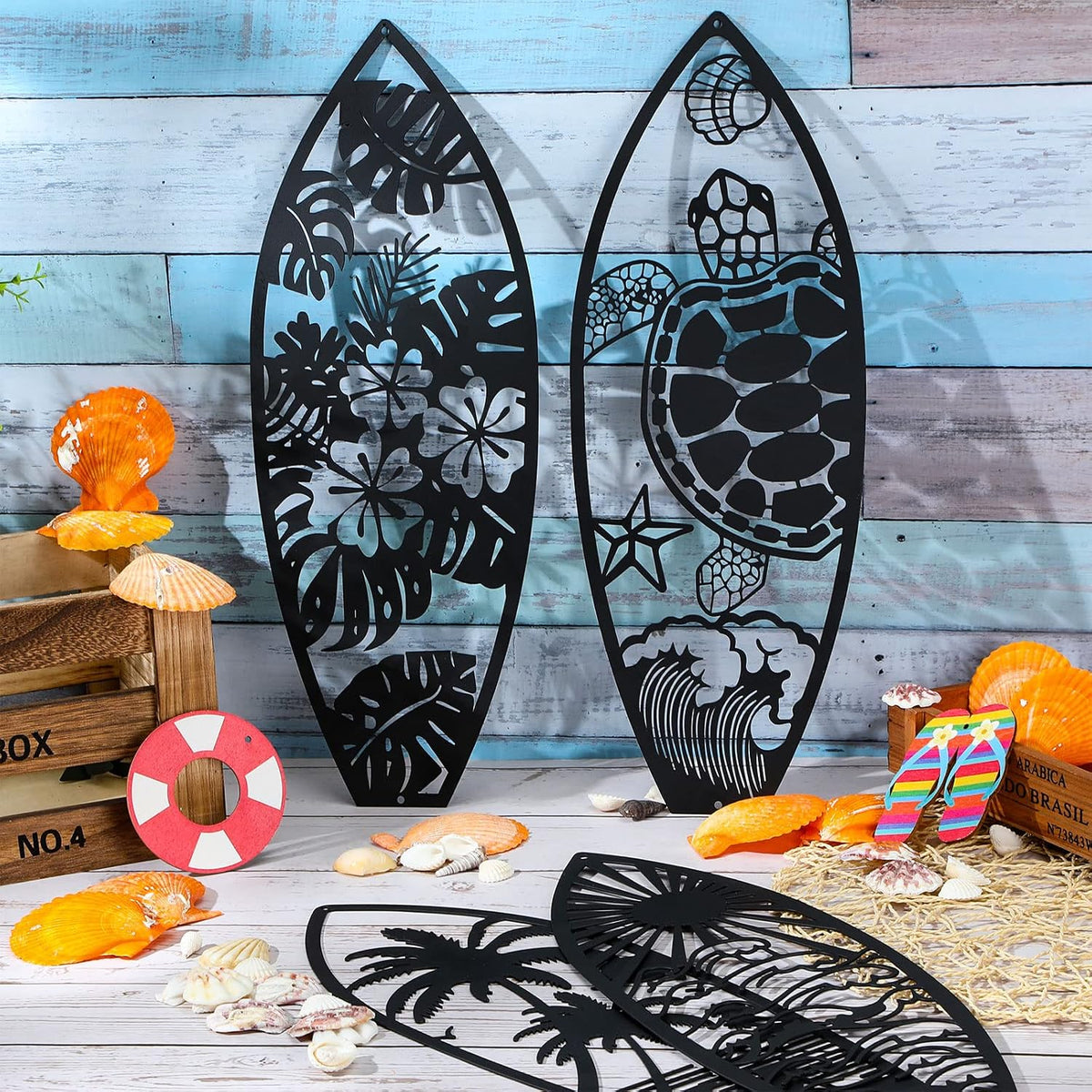 Therwen 4 Pcs Metal Surfboard Wall Decor, Tropical Beach Palm Turtle, Black