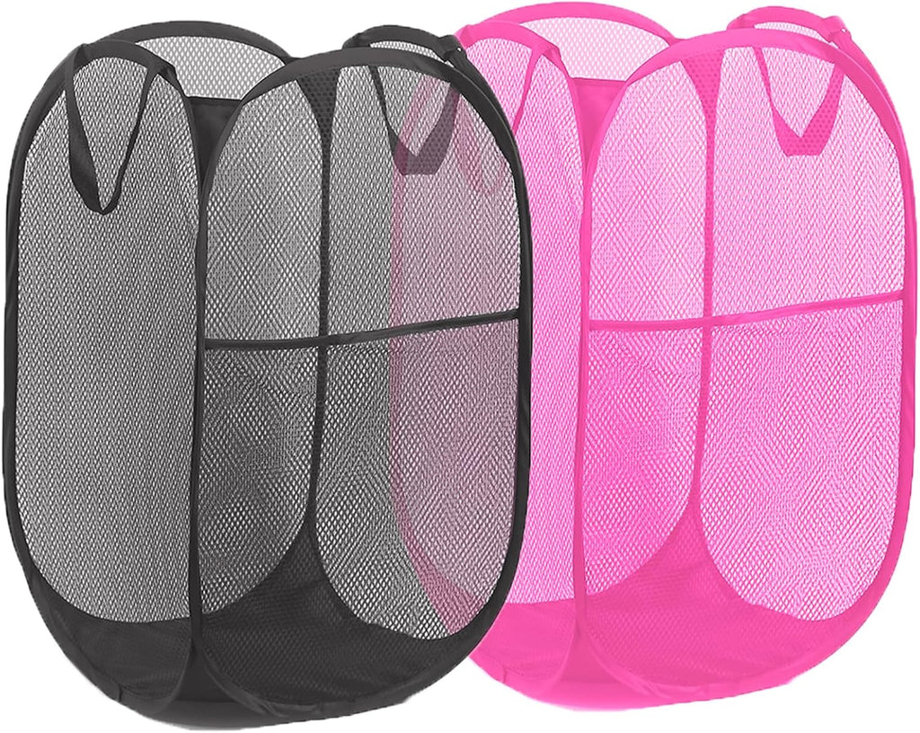 Pop Up Laundry Hamper Pack of 2 Mesh Collapsible Laudry Baskets with Side Pocket and Handles, Easy to Carry for Cruise, Home, Dorms, Laundry Room (Black+Rose red)