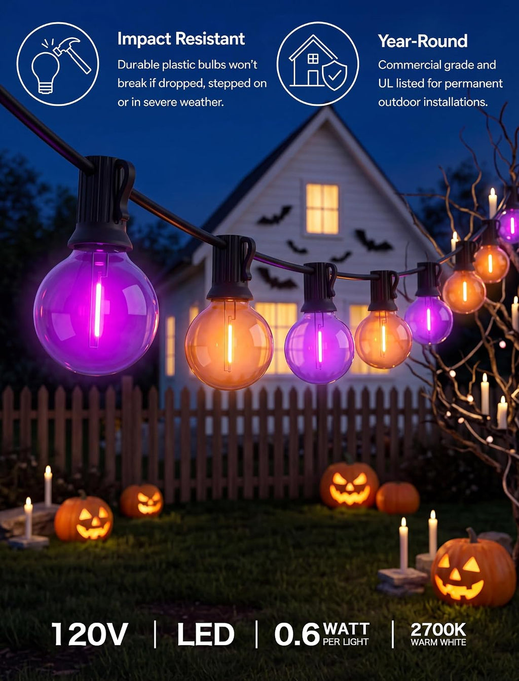 50FT G40 LED Outdoor Purple and Orange Halloween String Lights