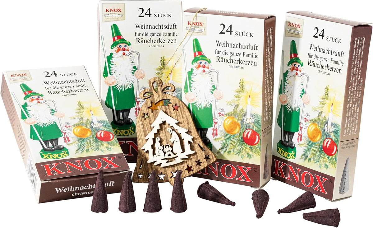 MaMeMi German Incense Cones Christmas – Knox 4 Packs (96 Cones) for Smoker Houses & Figurines | Holiday Scent | Gift Set with Wooden Ornament | Traditional Erzgebirge