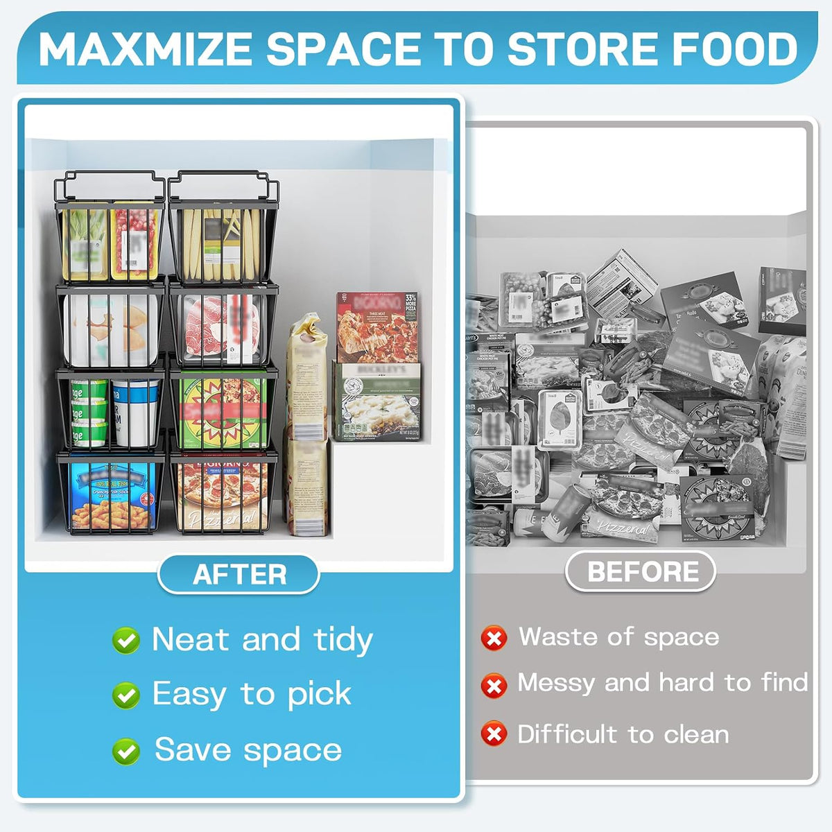 SUNALLY Freezer Organizer Bins, 8 Pack Stackable Pantry Storage Bins, Black
