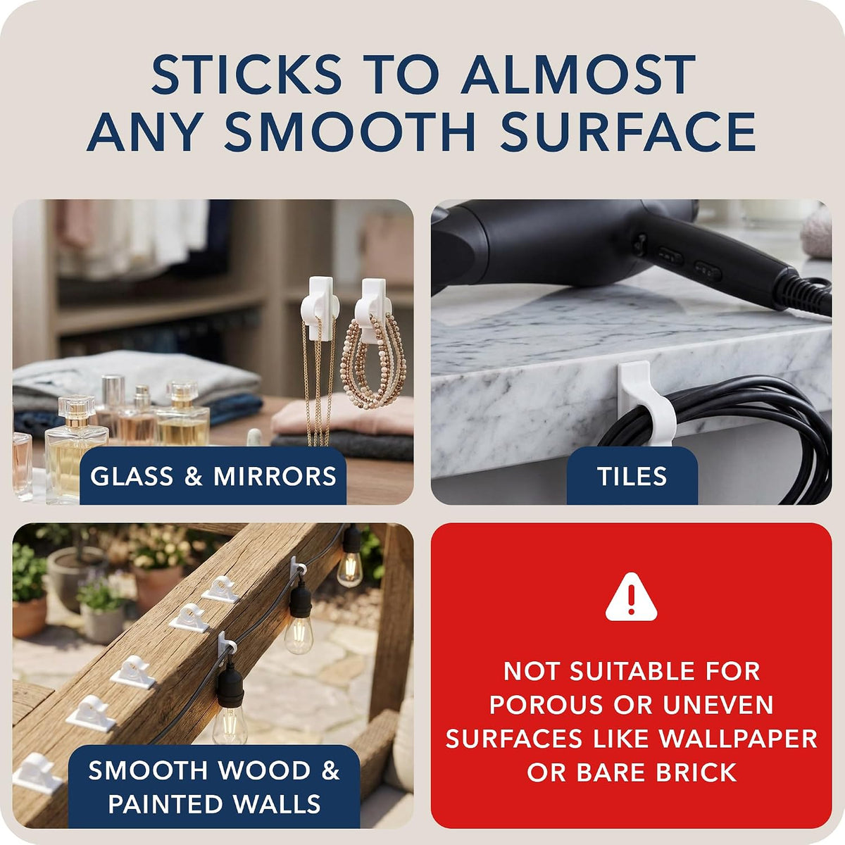 Takker - 4 x Cable Holder Tidy with 8 x Sticky Strips | Cable Hooks, Strong Adhesive, Easy Application, Damage-Free Removal, Re-Useable, No Sticky Residue, for Home, Bathroom, Kitchen, Walls
