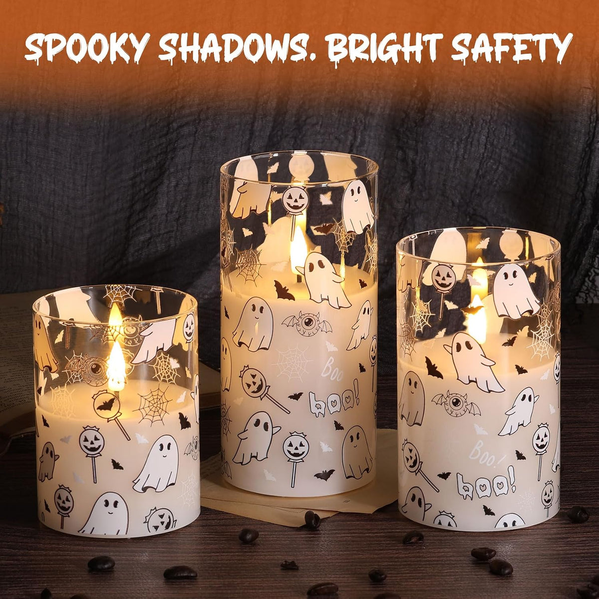White Ghost Halloween Flameless Pillar Candles with Remote Set of 3