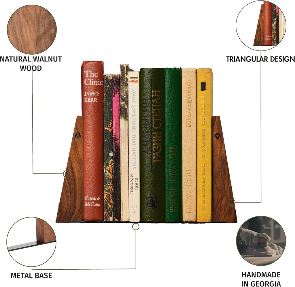 TILISMA Wooden Bookends for Shelves | Sturdy Book Ends with Metal Base