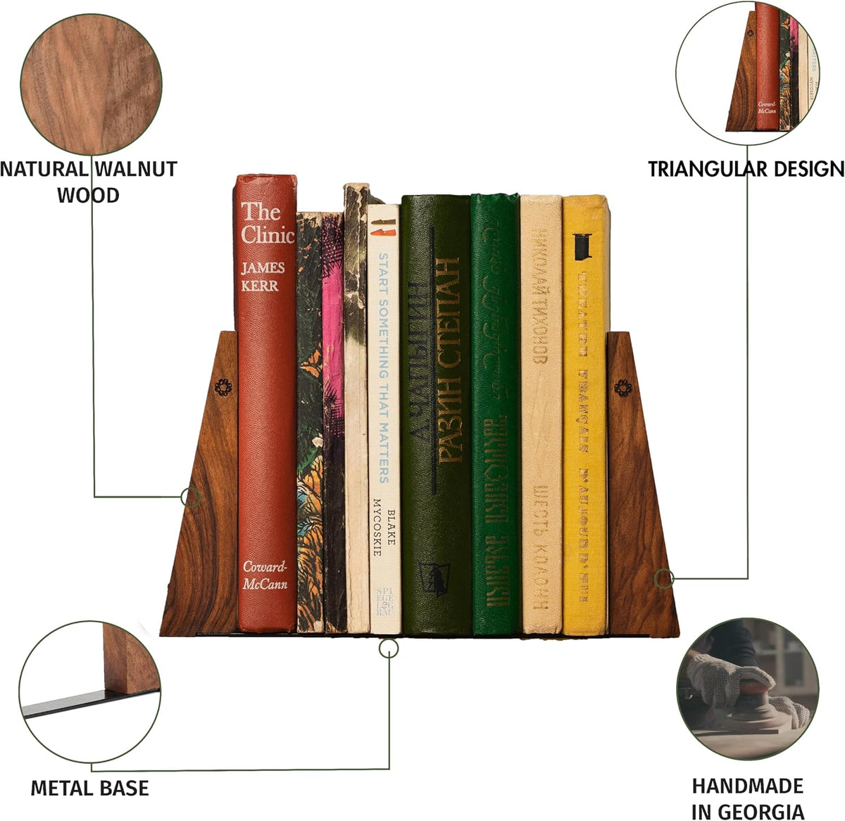 TILISMA Wooden Bookends for Shelves | Sturdy Book Ends with Metal Base