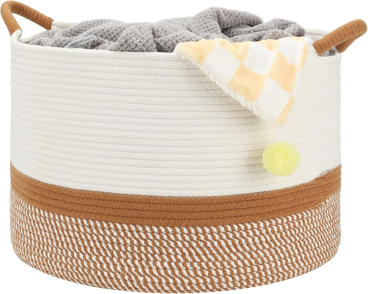 Large Blanket Basket (20"x13"),Woven for Storage Dirty Clothes Basket for Laundry, Living Room, Nursery, Bedroom Rope Storage Basket for Blankets(White/Brown)
