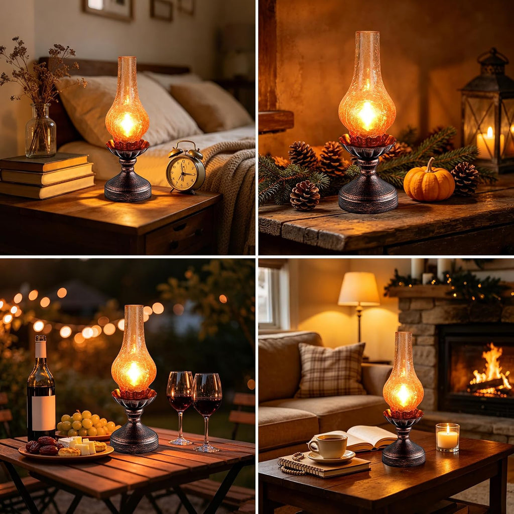 Vintage Table Lamp with Amber Gradient Crackle Glass Shade,Touch Control & 3-Way Dimmable Rustic Retro Farmhouse Bedside Lamp for Bedroom, Living Room, Cabin, Office (2700K LED Candle Bulb Included)