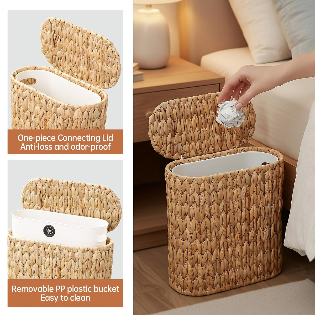 Coeusy 3 Gallon Wicker Trash Can,Small Bathroom Trash Can with Lid,Natural