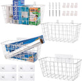 Wire Hanging Wall Basket, 4 White Metal Baskets, Adhesive Cabinet Organizer