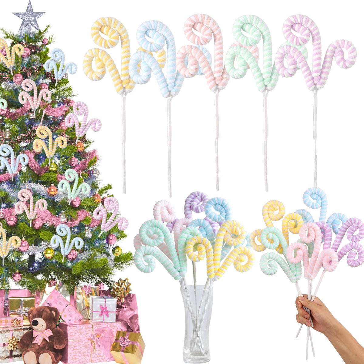 5pcs Set Macaron Color Christmas Decorations Picks, Pastel Woolen Candy Cane Christmas Tree Curly Picks, Christmas Tree Topper Decorations Home Vase Holiday Party Ornaments