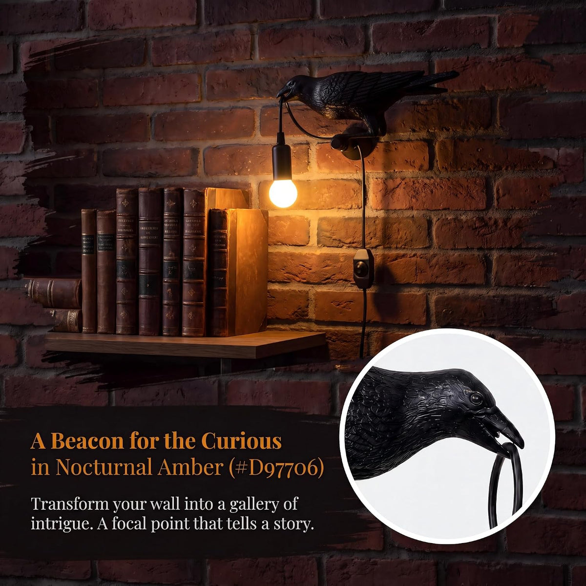 OVANUS Crow Wall Lamp Gothic Decor, Raven Sconce with Dimmable E12 Bulb