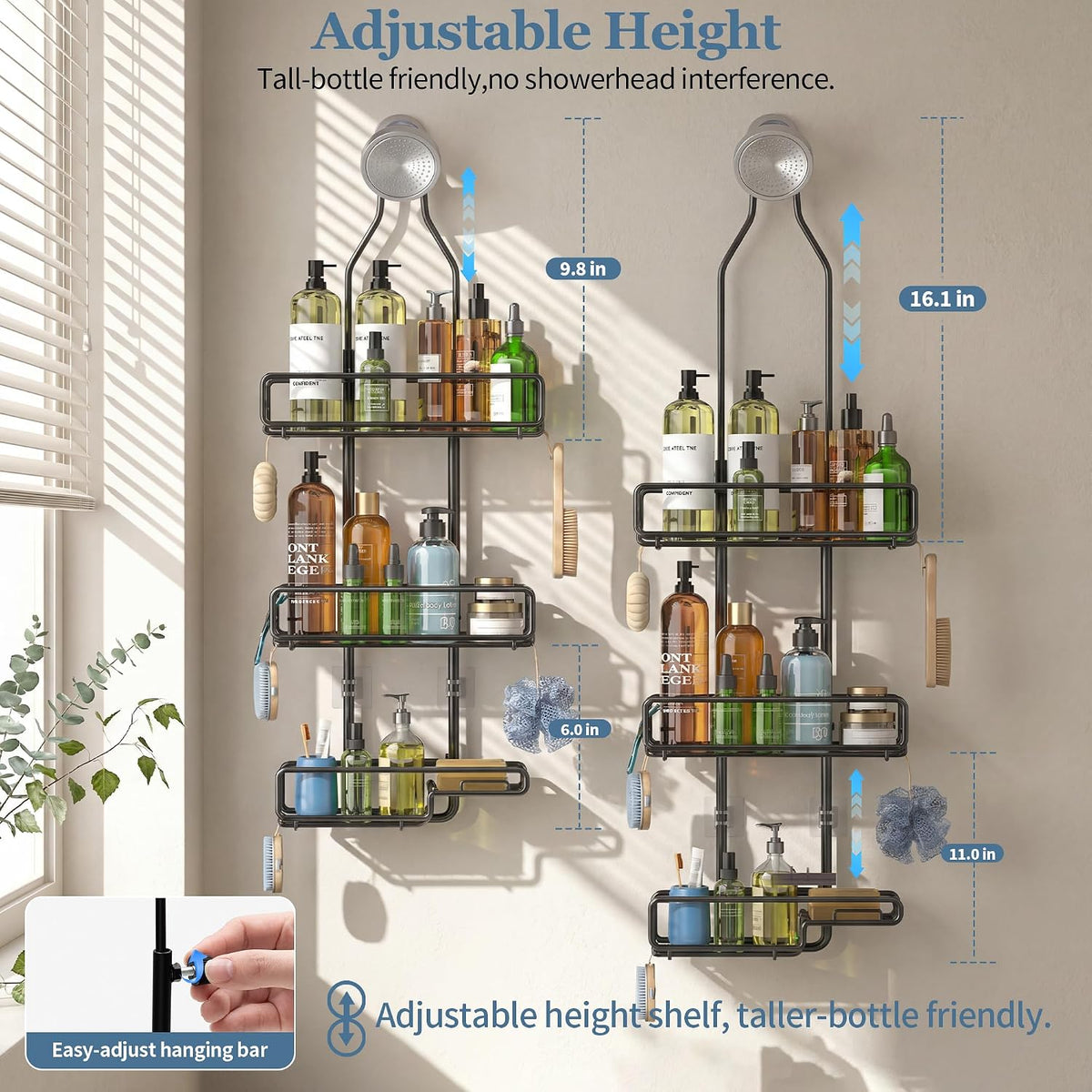 Skyapex Shower Caddy Hanging Bathroom Organizer: Over Head Adjustable Rack for Tall Showerhead - Extra Large Storage Shelf for Big Shampoo Bottles with Soap Holder