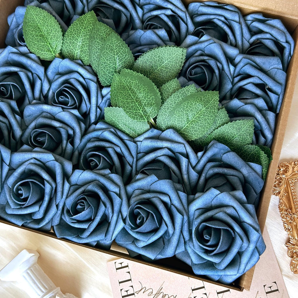 25pcs Dusty Blue Shades Foam Fake Rose with Stems 8 Leaves Real Looking Artificial Flowers Faux Navy Blue Roses for Wedding Bouquets Bridal Shower Centerpieces Arrangements Party Tables Decorations