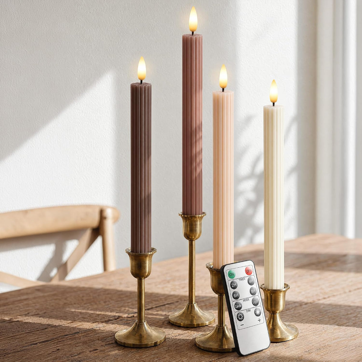 Coordinated Chocolatey Mocha Brown 4 Pack, 10" Real Wax LED Flameless Fluted Ribbed Grooved Taper Candles, Remote & Timer Memory, On/Off Button, Dimmable, Battery Operated, Menorah Wedding