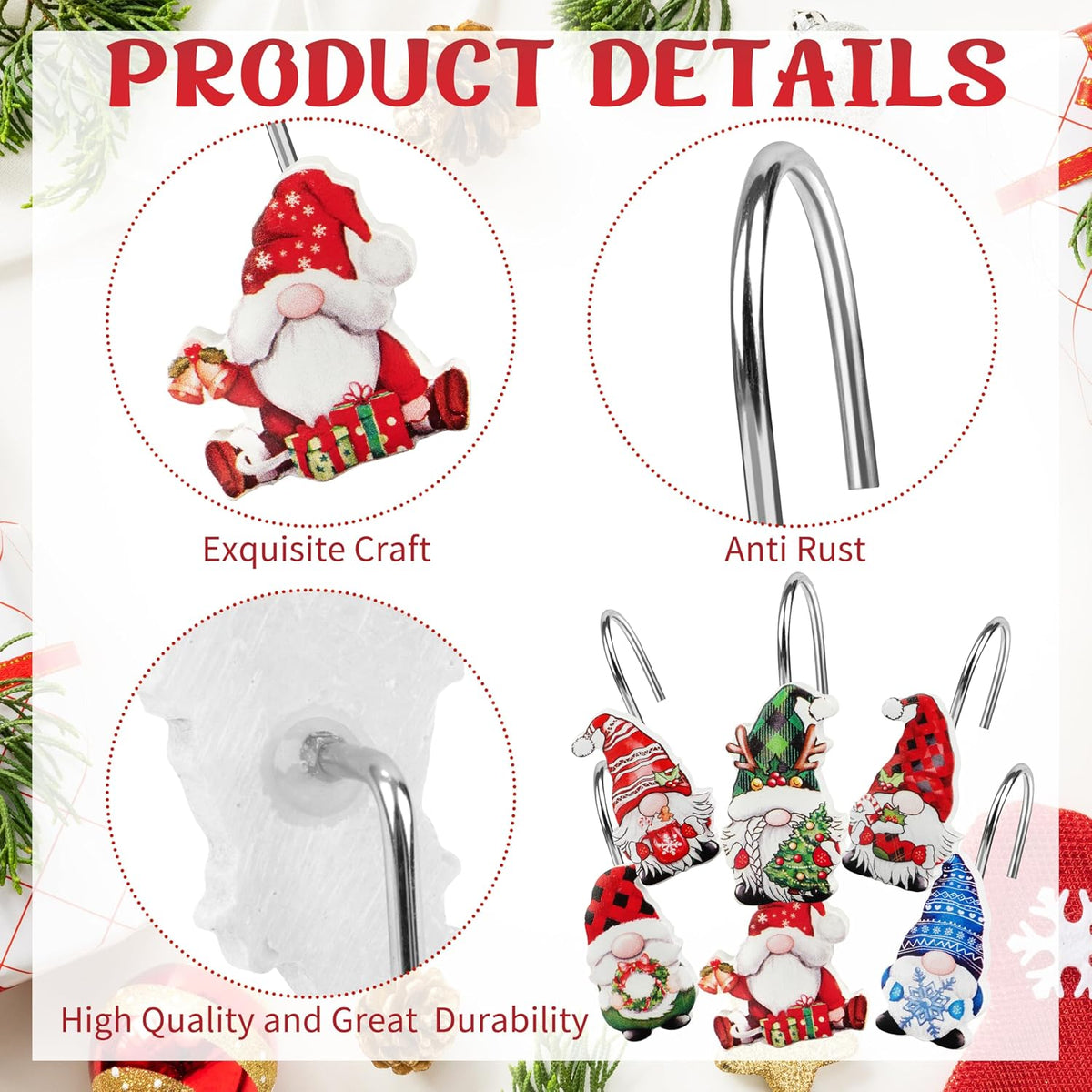12 Pack Christmas Gnome Shower Curtain Hooks, Rustproof Decorative Rings