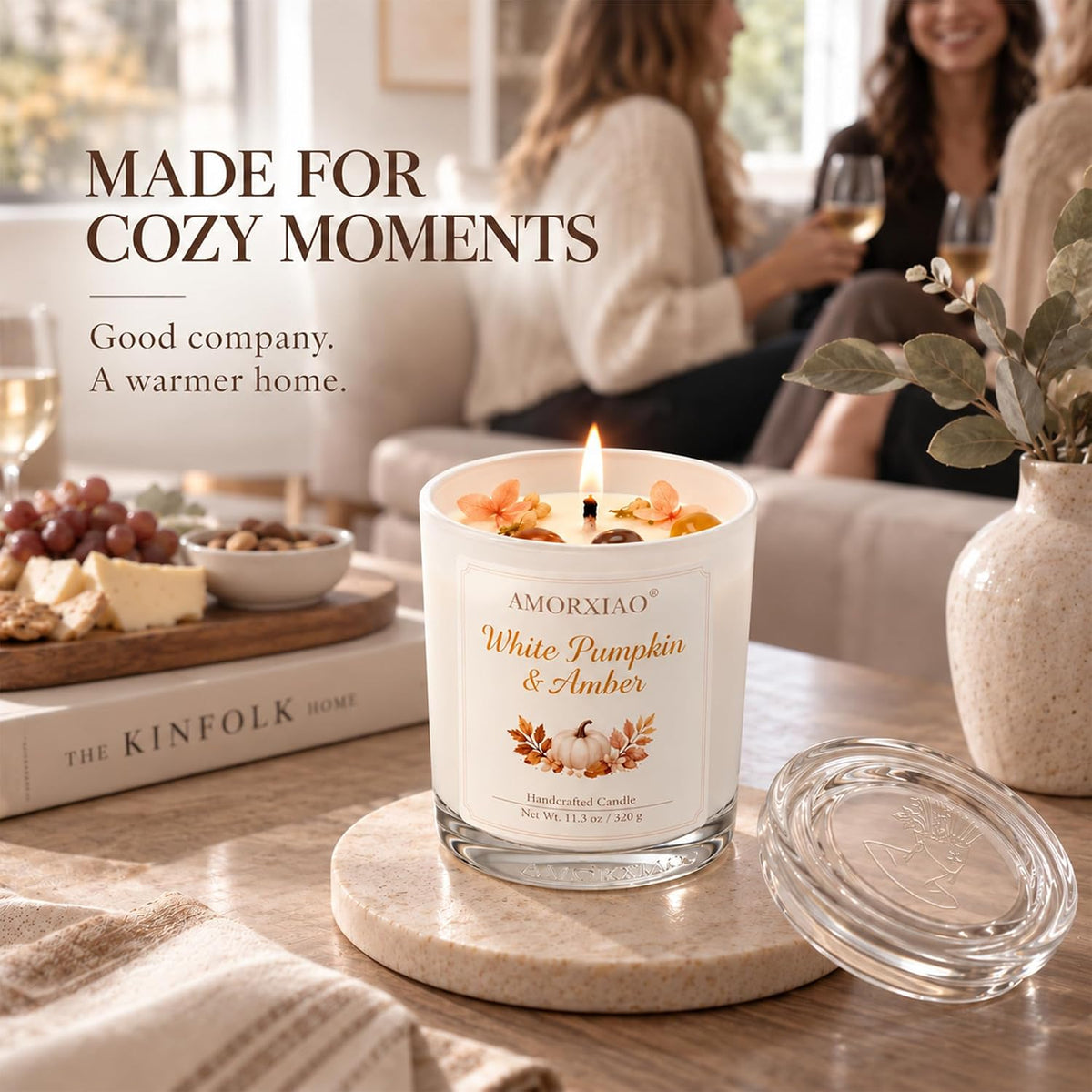 Pumpkin & Amber Scented Candle, 11.3 Oz Soy Wax Fall Candle Gift for Women