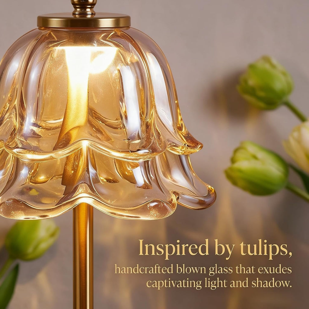 Glass Rechargeable Table Lamp, Vintage Flower Cordless Table Light -Amber