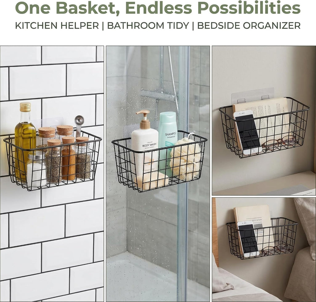 2 Set Adhesive Hanging Wall Basket Inside Cabinet Door Organizer,Wall Storage Basket-No Drilling Adhesive wall Basket for Cupboard Door,Space-Saving Small Hanging Baskets for Wall Mount Storage,Black