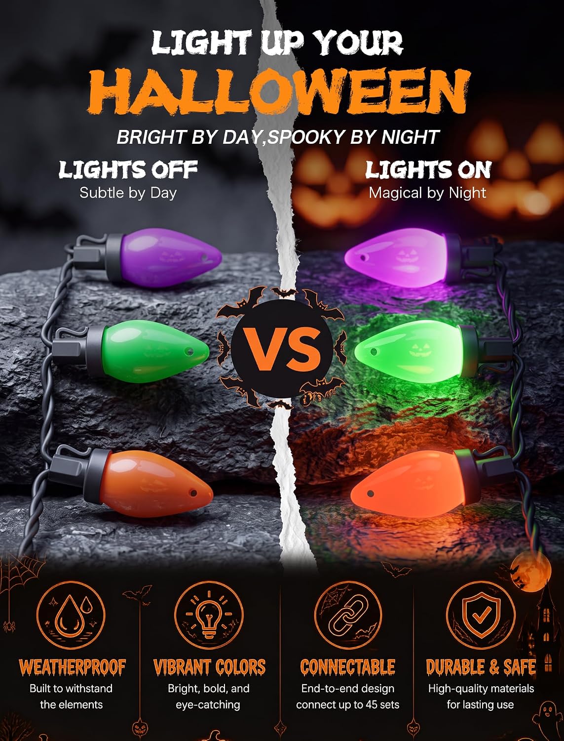 26FT Halloween C7 LED String Lights, 50 Orange Green Purple Opaque Lights