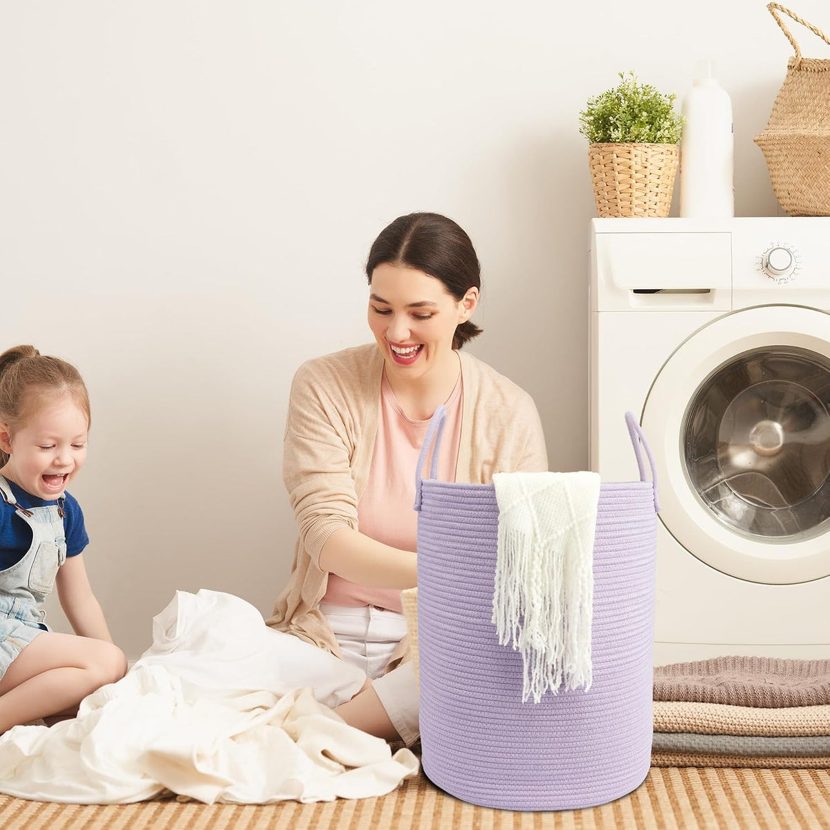 Woven Cotton Rope Laundry Basket, 15" x 20" Laundry Hamper, Purple