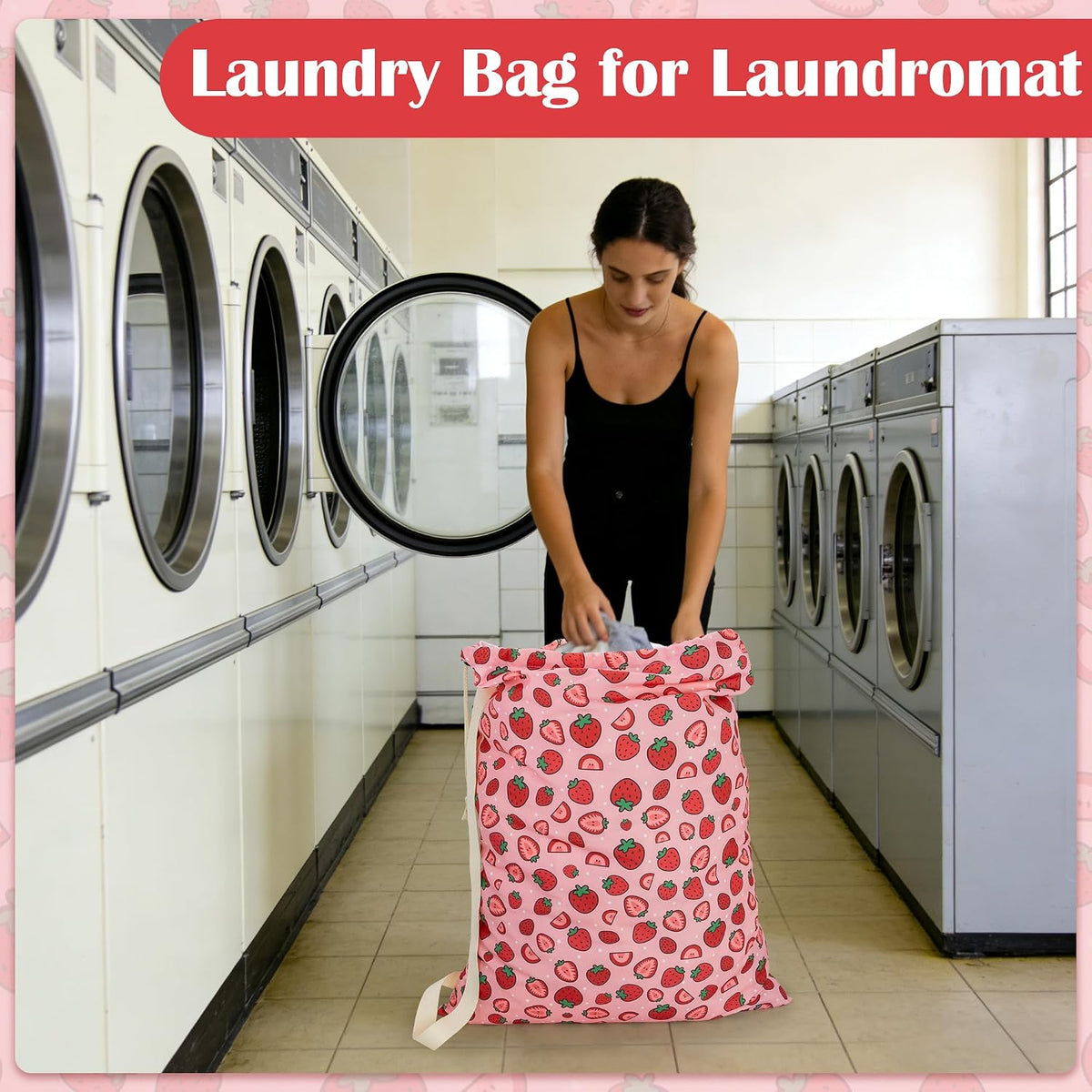 Canvas Laundry Bag with Shoulder Strap Drawstring, Strawberry, 23"W x 29"H
