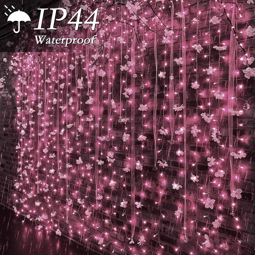 300 LED Pink Curtain String Lights 9.8x9.8FT, Plug in Fairy Lights, 9 Hooks, Dimmable Timer 8 Modes, IP44 Waterproof, Princess Girls Bedroom Wall Wedding Party Birthday Indoor Decor