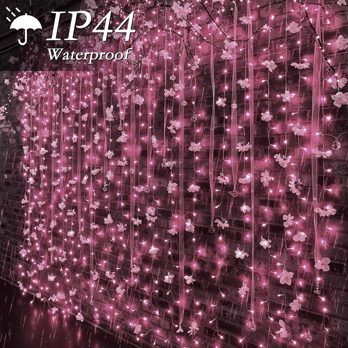 300 LED Pink Curtain String Lights 9.8x9.8FT, Plug in Fairy Lights, 9 Hooks, Dimmable Timer 8 Modes, IP44 Waterproof, Princess Girls Bedroom Wall Wedding Party Birthday Indoor Decor