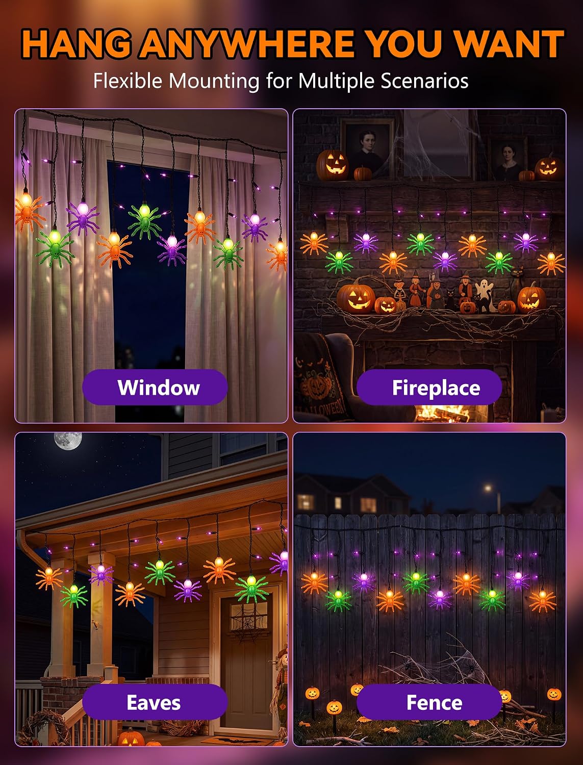 Halloween Spider String Lights, 7Ft Halloween Decorations Lights with 10 LED Colorful Spider Lights 15 Mini Purple Bulbs, Hanging Fairy Lights UL Listed for Outdoor Curtain Porch Bar Party Decor