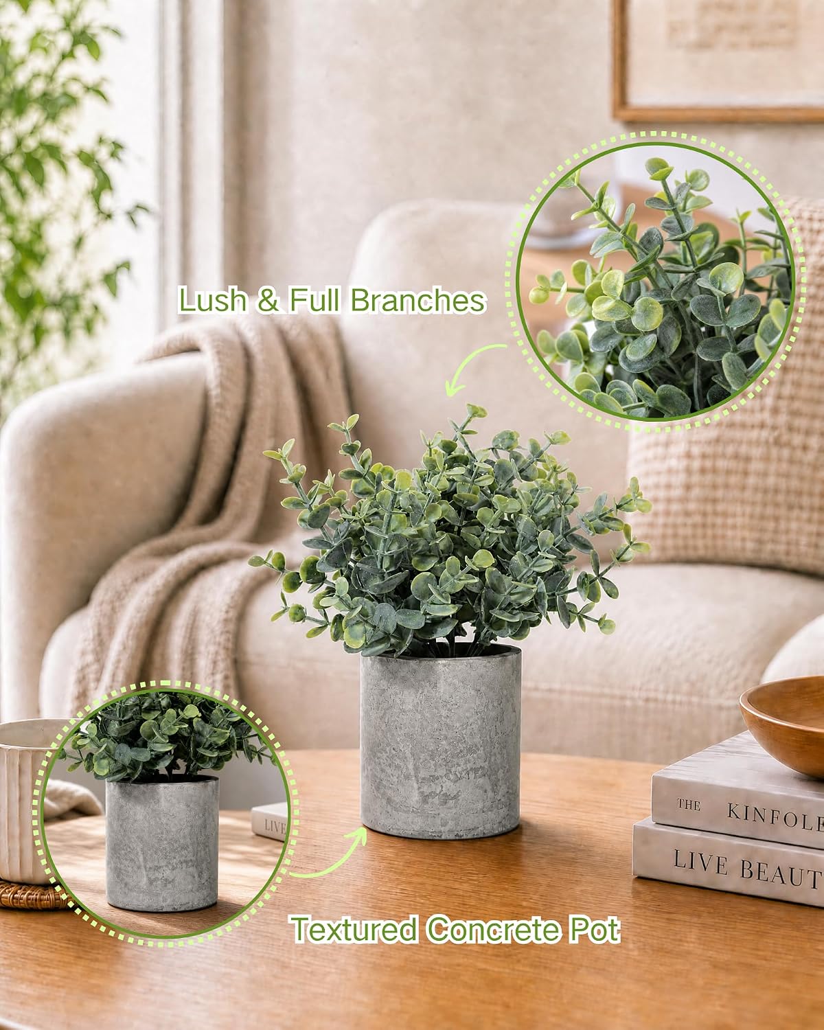 Velener Set of 3 Small Fake Plants Eucalyptus, Artificial Plants Indoor for Shelf, Potted Eucalyptus Plants for Home/Bathroom/Pottery Barn/Desk/Farmhouse/Coffee Table Decor (Frosted Green)