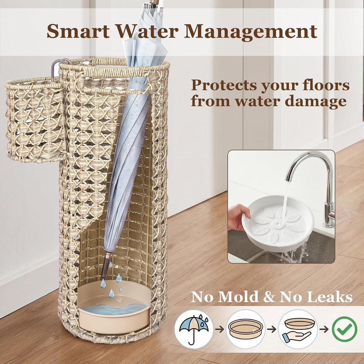 Wicker Umbrella Stand for Entryway, Handwoven PE Rattan with Side Basket