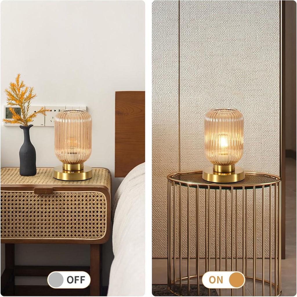 Rechargeable Amber Glass Table Lamp,Vintage Ribbed Bedside Lamp