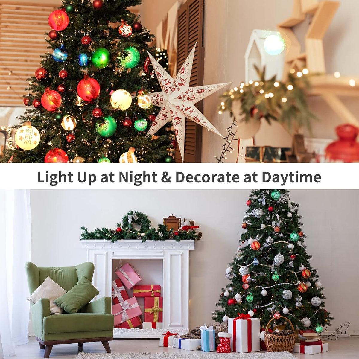AIRIVO Christmas Tree Lights Ornaments, 28ft 25 Bulb Christmas String Lights Indoor, Christmas Lights Plug in Expandable Wire, Ornaments for Christmas Tree Decorations