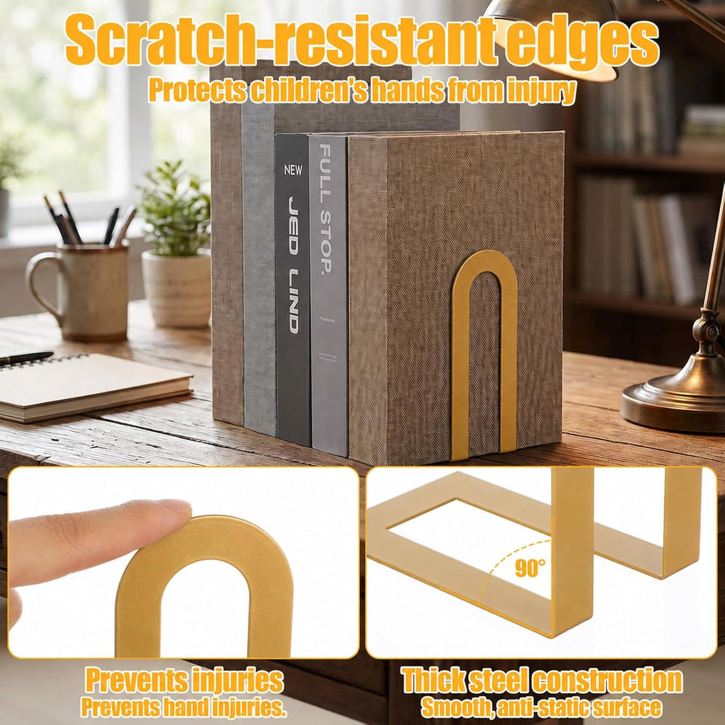 6 Pcs Modern Metal Bookends for Shelves, 5.5 x 3.75 x 2.25inch, Gold